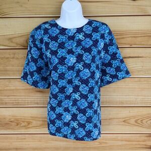 Worthington Short Sleeve Blouse Shoulder Pads Womens Size XL Dark Blue Floral‎